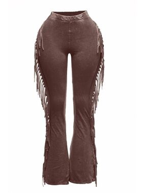 Fringe-Trim High-Waist Flared Pants - Brown